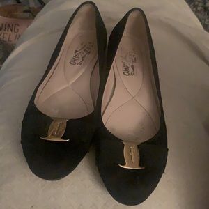 Ferragamo suede with gold buckle and ribbon